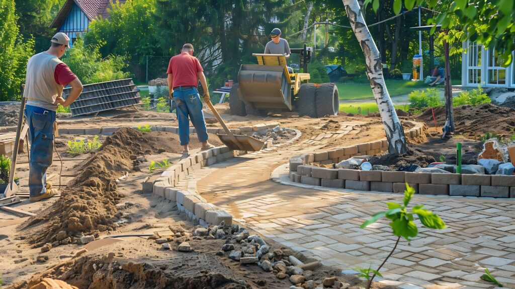 A team of workers constructing a brick pathway in a landscaped garden using machinery and hand tools.