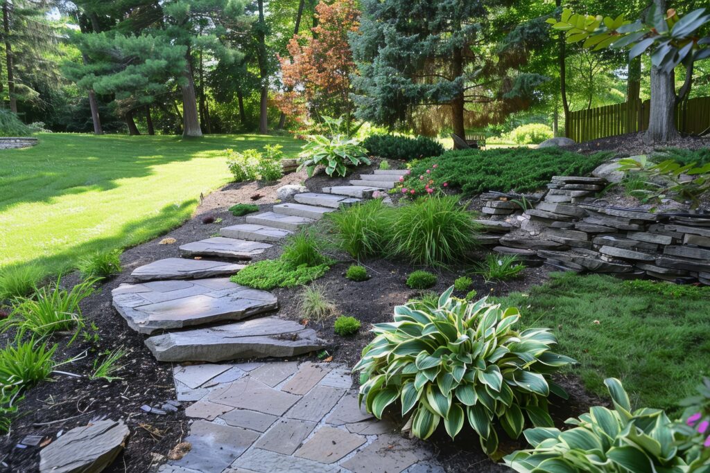 A landscaped garden with a stone pathway, lush greenery, and layered rock accents.