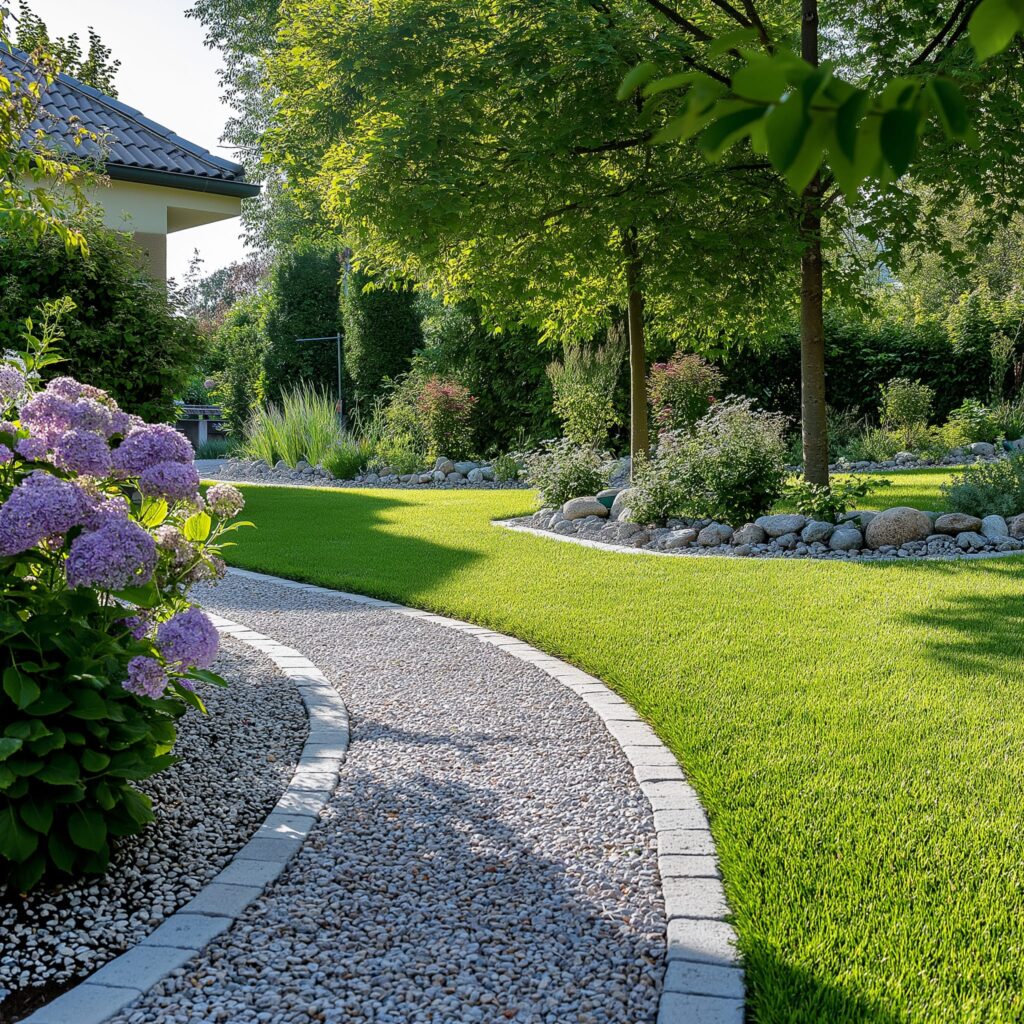 A landscaped garden with a curved gravel path, vibrant green grass, flowering shrubs, and trees under sunlight.