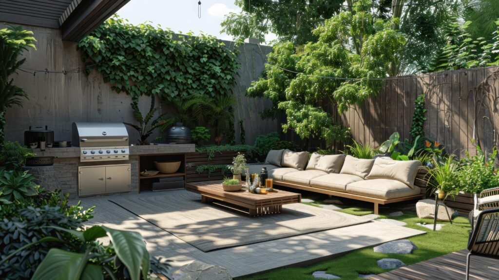 A stylish outdoor living space featuring a barbecue grill, lush greenery, a cozy seating area, and a modern coffee table.